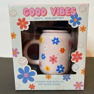 NIB Sunday Morning Ceramics Good Vibes Travel Mug Set